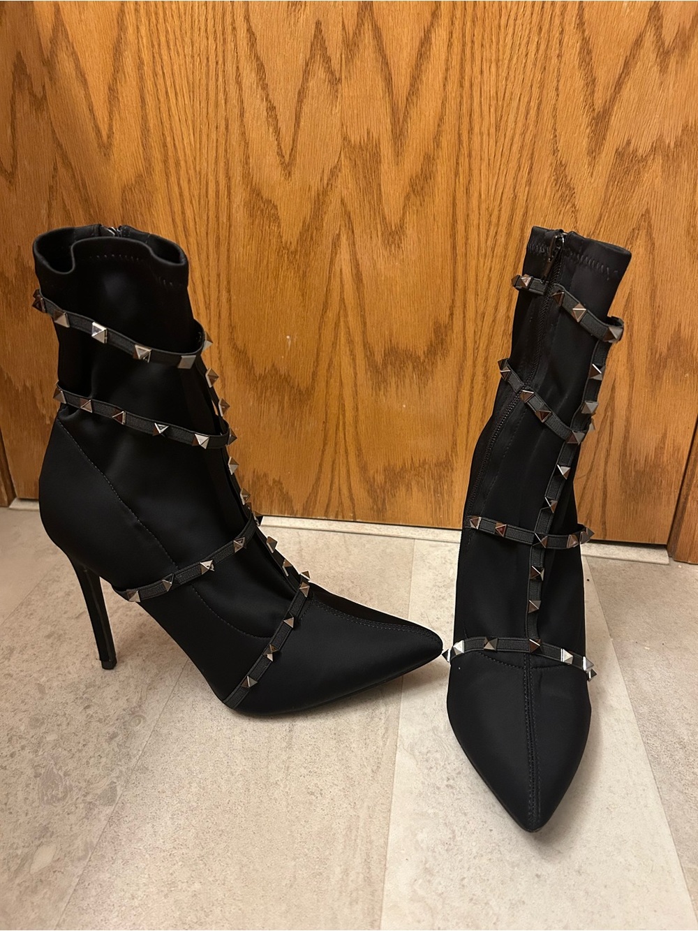 VENUS Black Studded Pointed Toe Stiletto Ankle Boots